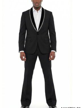 Solid Black Shawl Collar w/ Studded Trim Flared Pants 2 Piece Men's Suit